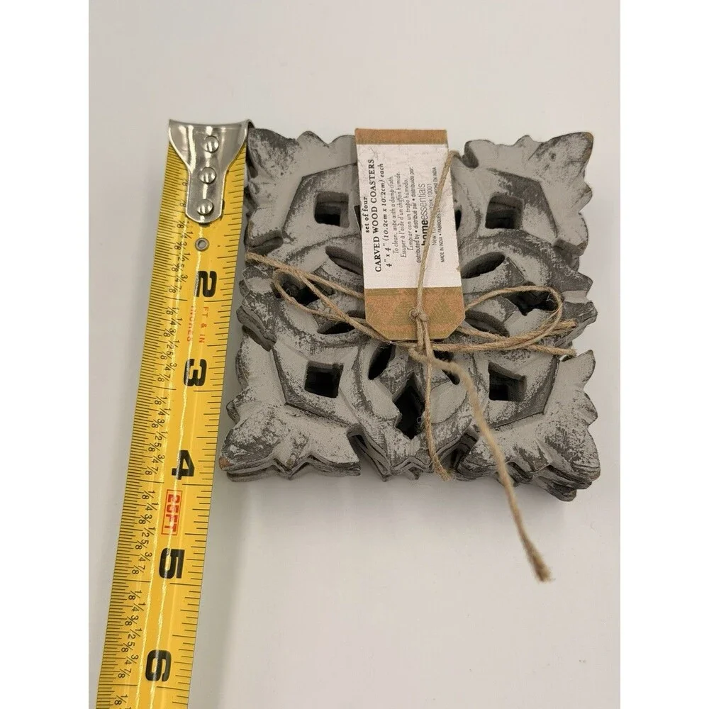 Artisan Market Hand Carved Wood Coasters Gray Distressed Set of 4 Farmhouse 4x4